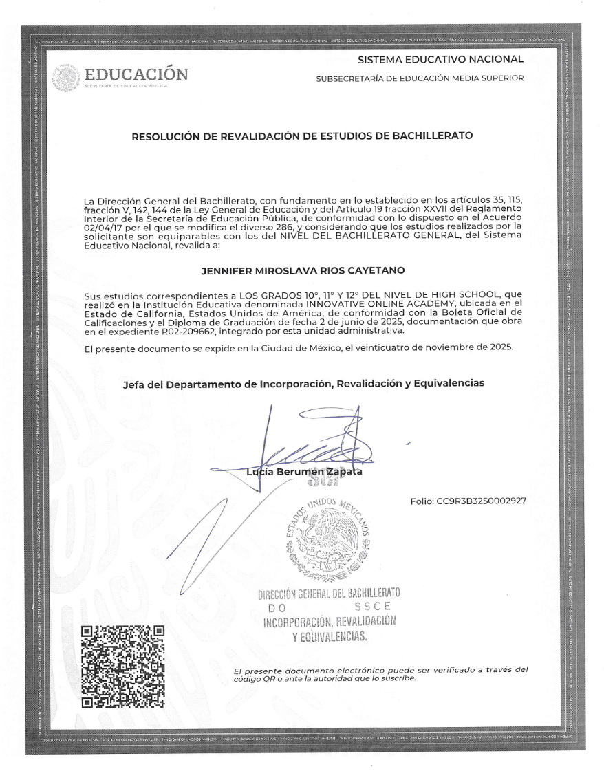 Resolución de Revalidación de estudios emitida por la SEP (México)